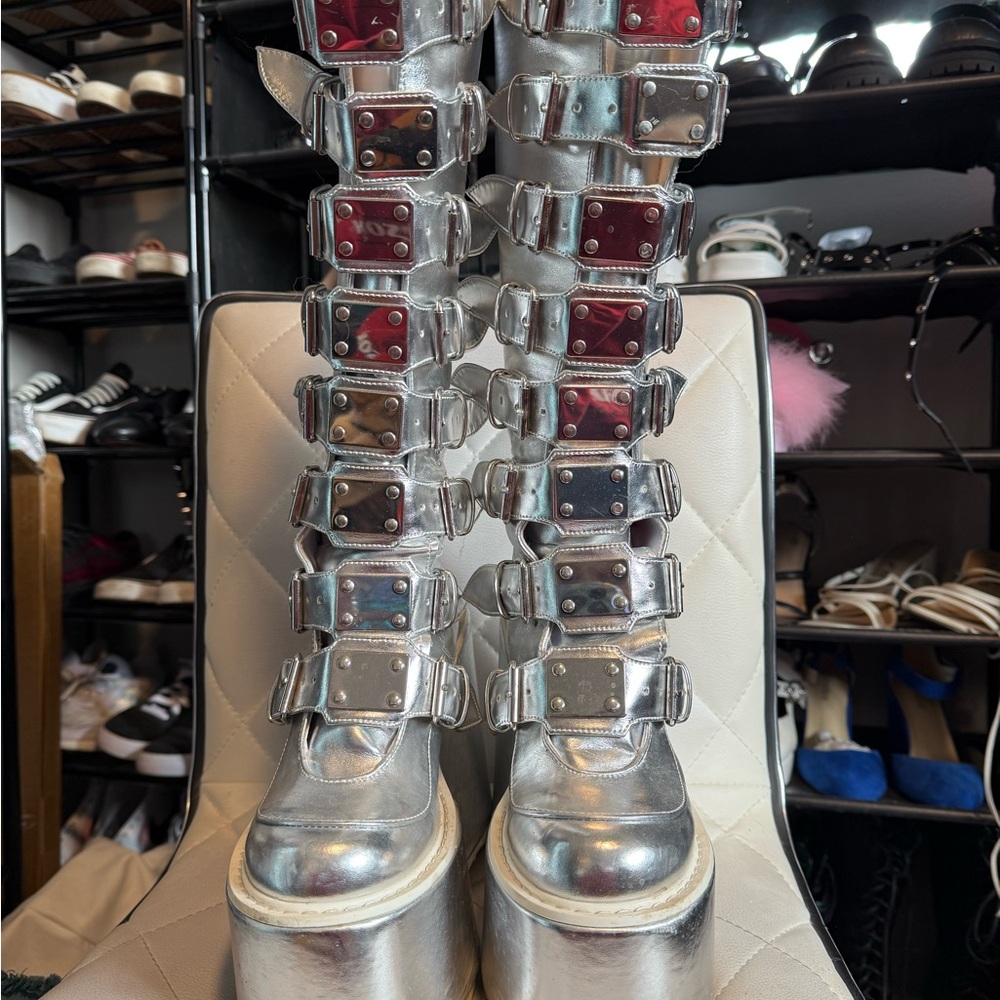Liquid Silver Trinity Boots, Buckle Platform Boots. SWING-815 Demonia